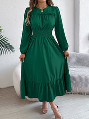 Pleated Solid Color A-Line Elasticated Waist Round-Neck Maxi Dresses