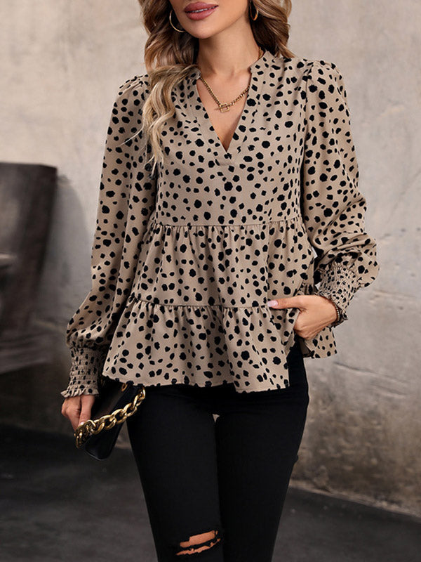 Elasticity Polka-Dot Split-Joint Long Sleeves Loose V-Neck Blouses&Shirts Tops