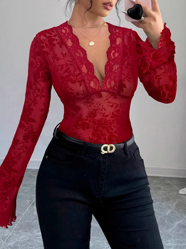 Solid Color Flared Sleeves Long Sleeves Deep V-Neck T-Shirts