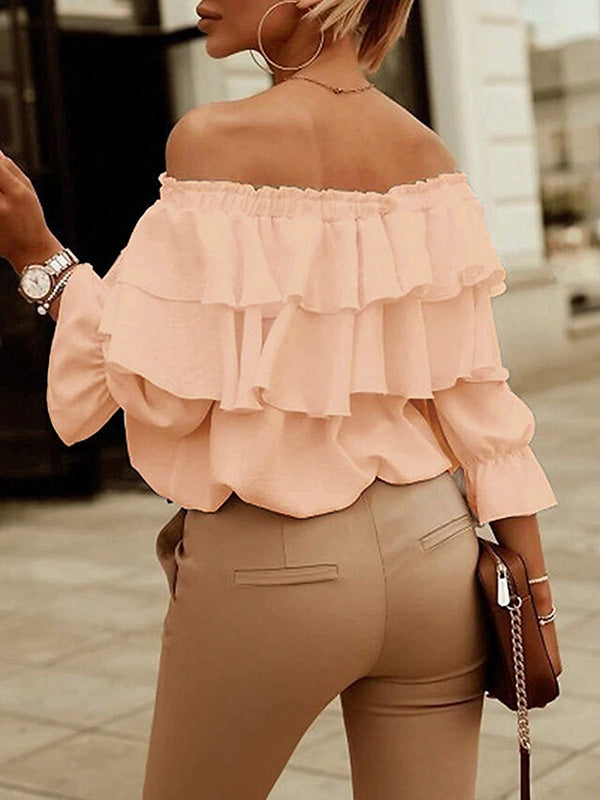 Layered Pleated Solid Color Split-Joint Tied Long Sleeves Loose Off-The-Shoulder Blouses&Shirts Tops
