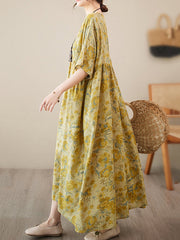 Floral Printed Pleated Split-Joint Loose Raglan Sleeve Round-Neck Midi Dresses