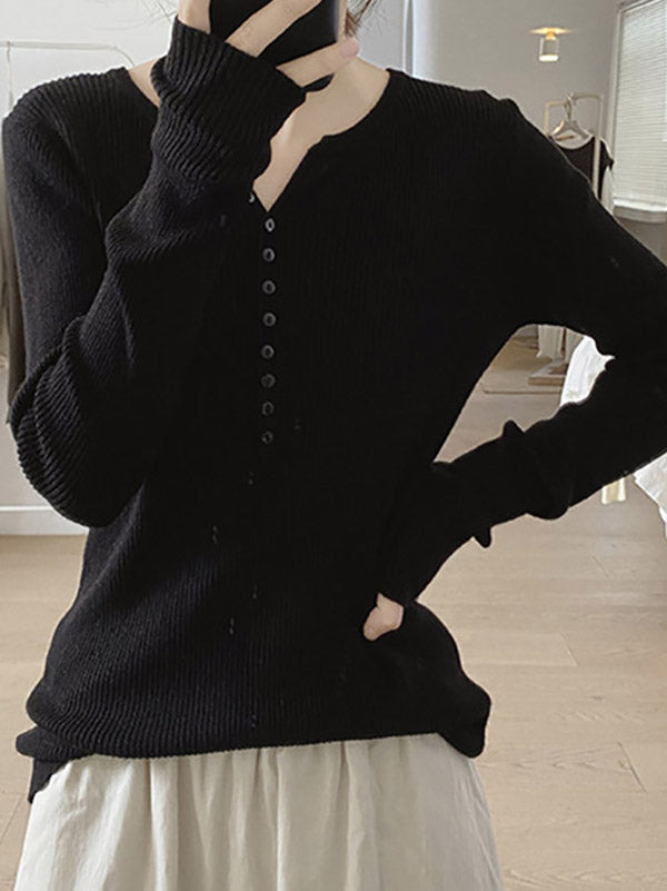Buttoned Solid Color Long Sleeves Round-Neck Sweater Tops Pullovers