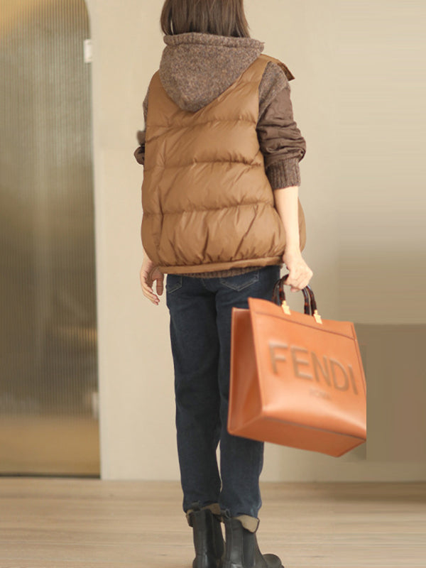 Original Creation Loose Sleeveless Solid Color Zipper High-Neck Vest Outerwear