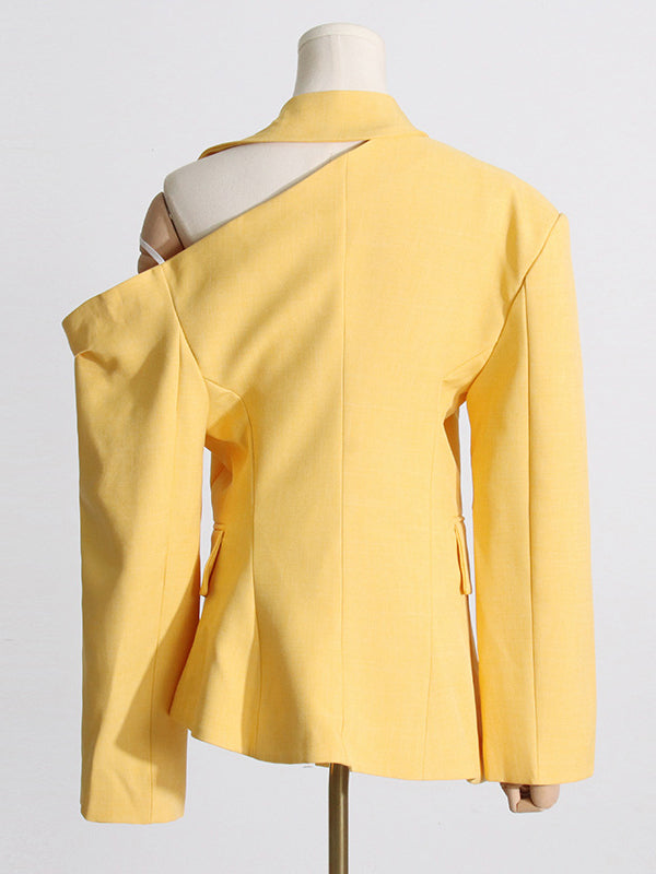 Asymmetric Buttoned Hollow Solid Color Tied Long Sleeves Loose Asymmetric Collar Blazer