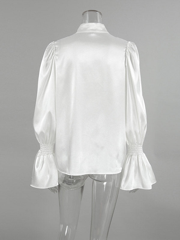 Falbala Solid Color Split-Joint Flared Sleeves Loose Stand Collar Blouses&Shirts Tops