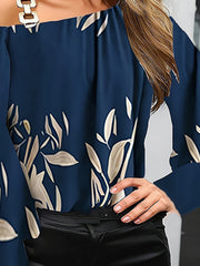 Buckle Hollow Leaves Print Long Sleeves Loose One-shoulder Blouses&shirts Tops