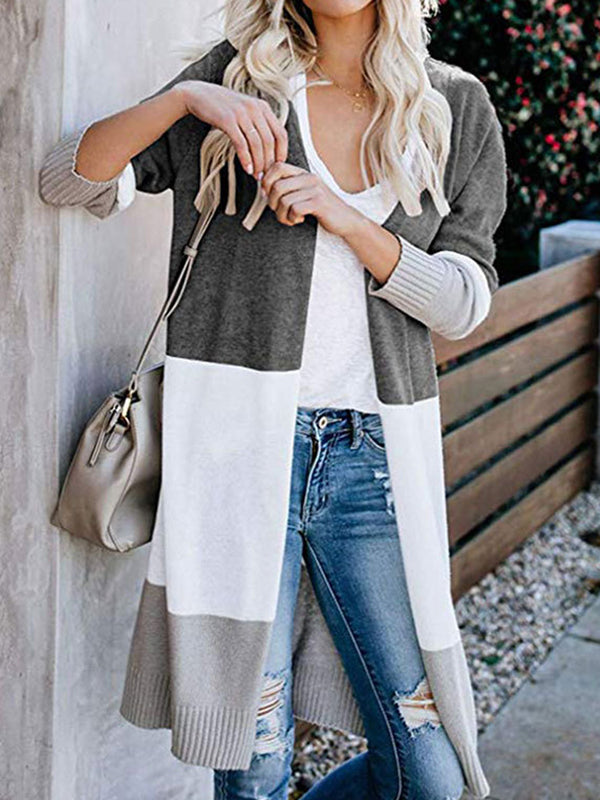 Contrast Color Long Sleeves Loose V-Neck Cardigan Tops