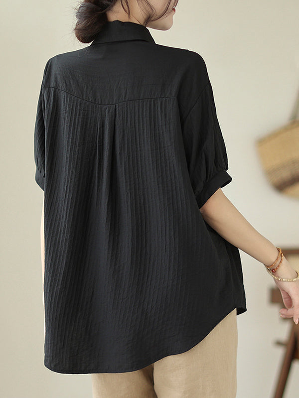 Pleated Solid Color Split-Joint Half Sleeves Loose Lapel Blouses&Shirts Tops