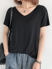 Simple Casual Solid Color V-Neck Short Sleeves T-Shirt Top