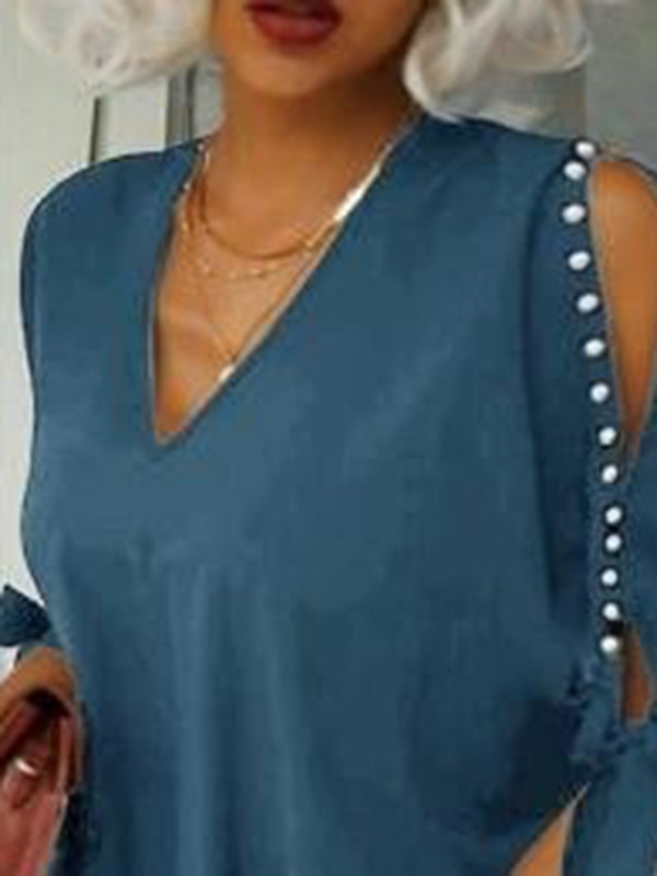 Beaded Lace-Up Split-Joint Loose Short Sleeves Cold Shoulder Mini Dresses