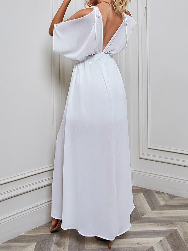 Solid Color Split-front Batwing Sleeves Loose Deep V-Neck Maxi Dresses