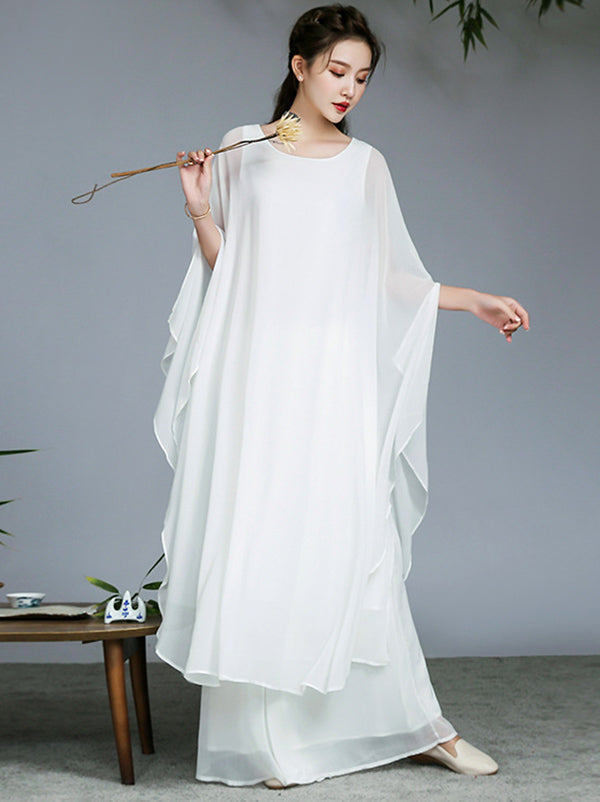 Artistic Retro Loose Chiffon Solid Color Falbala Round-Neck Kimono Sleeve 2 Pieces Set