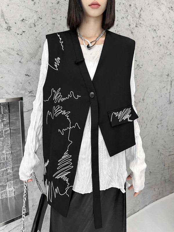 Asymmetric Buttoned Embroidered Sleeveless V-Neck Vest Top