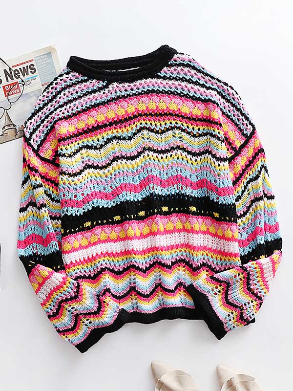 4 Colors Loose Contrast Color Round-Neck Sweater Top