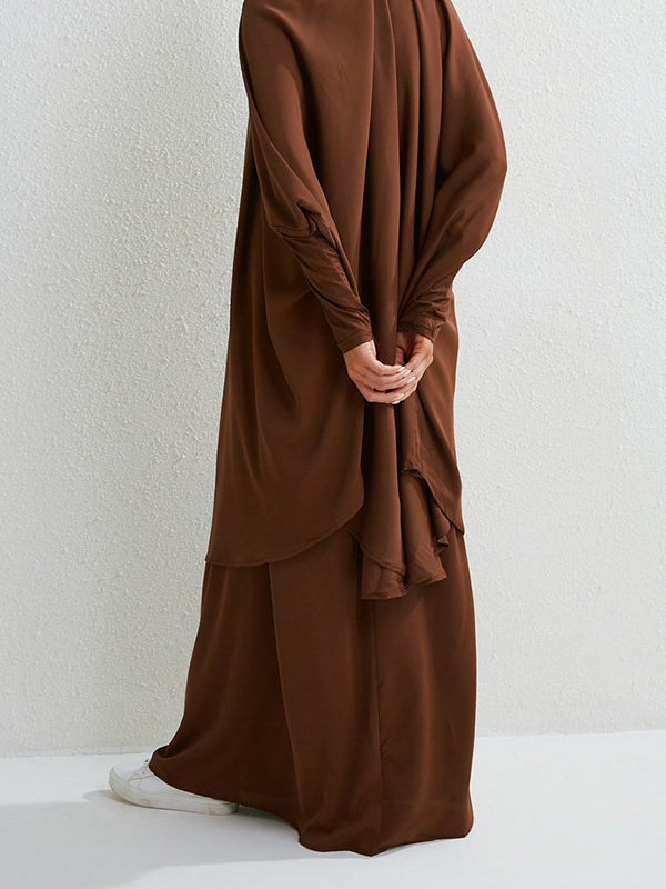 Solid Color Batwing Sleeves Long Sleeves Muslim High Neck Shirts Top + Skirts Bottom Two Pieces Set