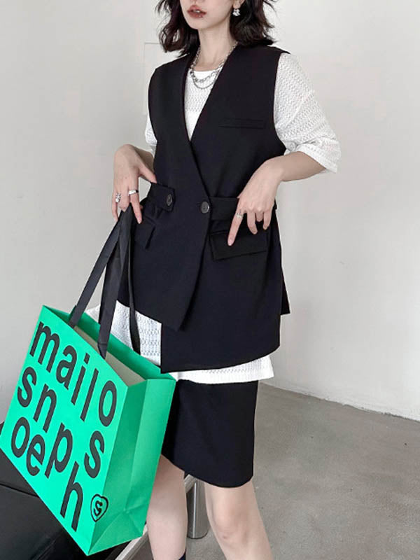 Asymmetric Split-Joint Tied Waist Loose Sleeveless V-neck Vest Outerwear