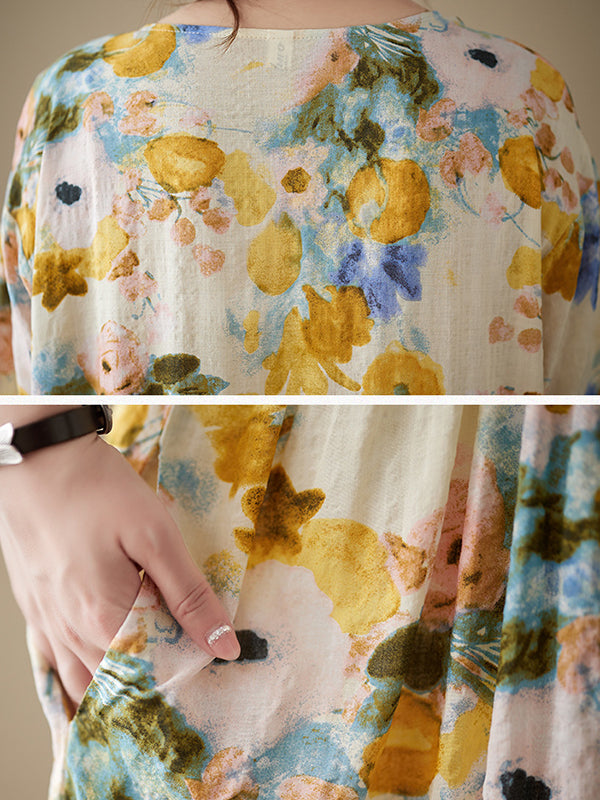 Floral Printed A-line Loose Round-neck Midi Dresses