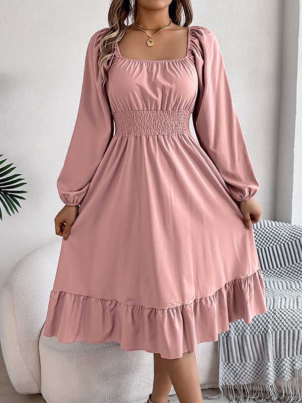 Pleated Ruffled Solid Color A-Line Elasticated Waist Square-Neck Midi Dresses