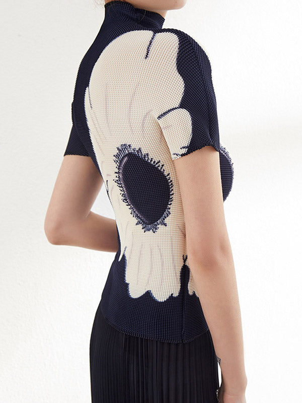 Flower Print Pleated Short Sleeves Mock Neck T-Shirts Tops