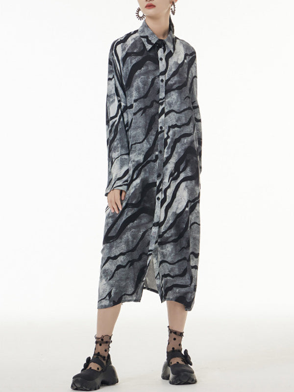 Original Creation Long Sleeves Buttoned Printed Lapel Midi Dresses