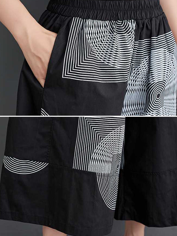 Elasticity Printed High Waisted Loose Pants Cropped Trousers