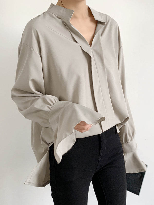 Buttoned Solid Color Split-Side Flared Sleeves High-Low V-Neck Blouses&Shirts Tops