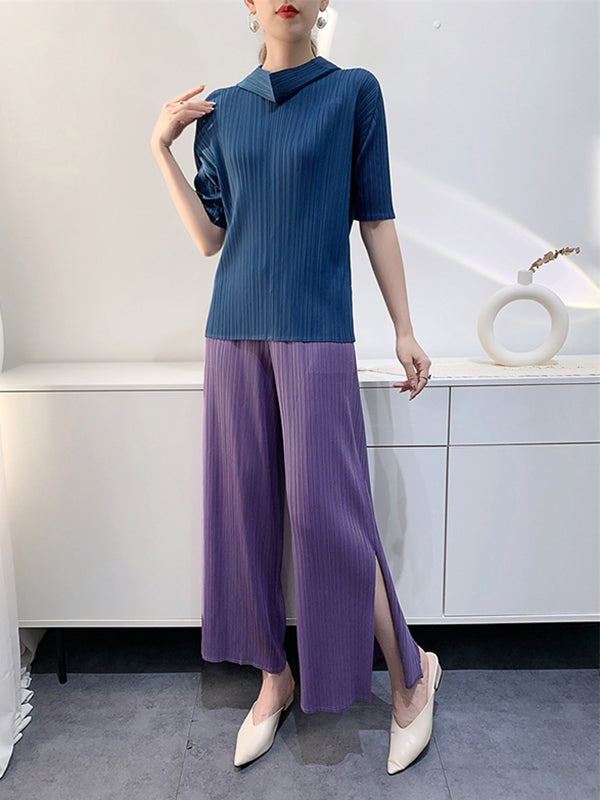 Pleated Solid Color Half Sleeves Hooded Mock Neck T-Shirts Tops