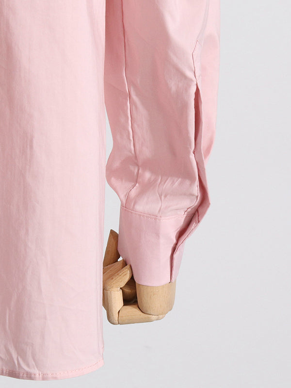 Asymmetric Buttoned Pleated Solid Color Split-Joint Three-Dimensional Flower Long Sleeves Loose Lapel Blouses&Shirts Tops