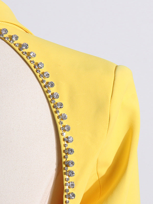 Backless Buttoned Hollow Rhine Stones Solid Color Long Sleeves Deep V-Neck Blazer