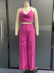 Solid Color Loose V-Neck Vest Top + High Waisted Pants Bottom Two Pieces Set
