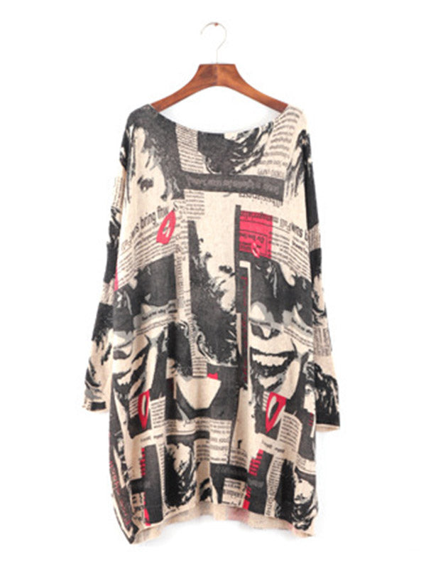 Urban Loose One-Shoulder Printed Split-Joint Sweater
