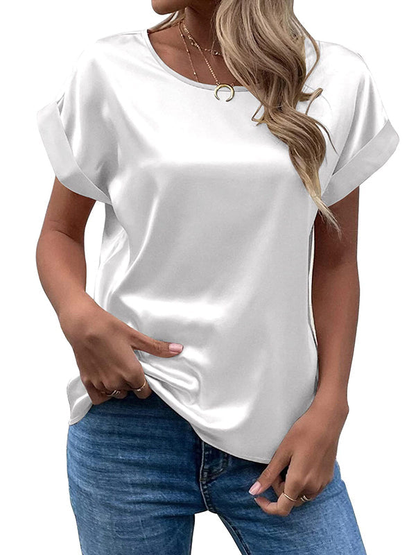 Solid Color Loose Short Sleeves Round-Neck T-Shirts Tops
