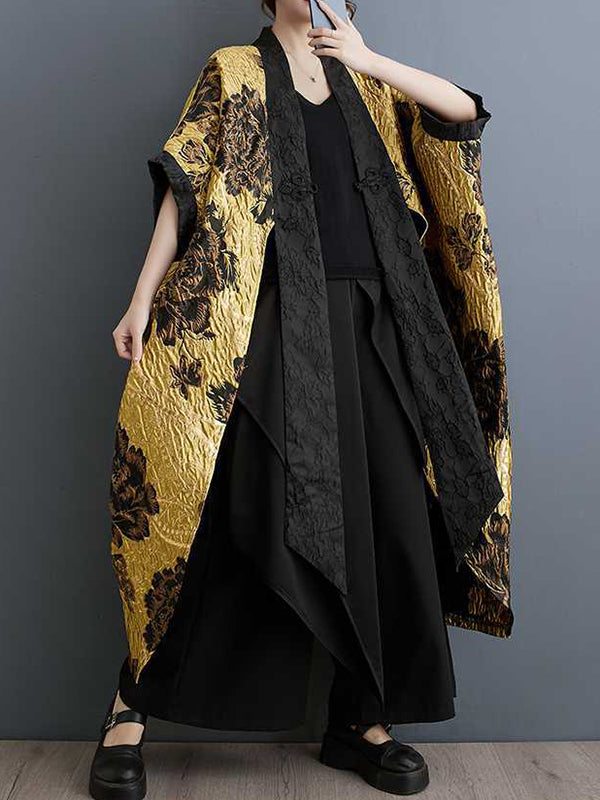 Flower-Embellished Chinese Frog Buttons Pleated Split-Joint Batwing Sleeves Loose V-Neck Outerwear