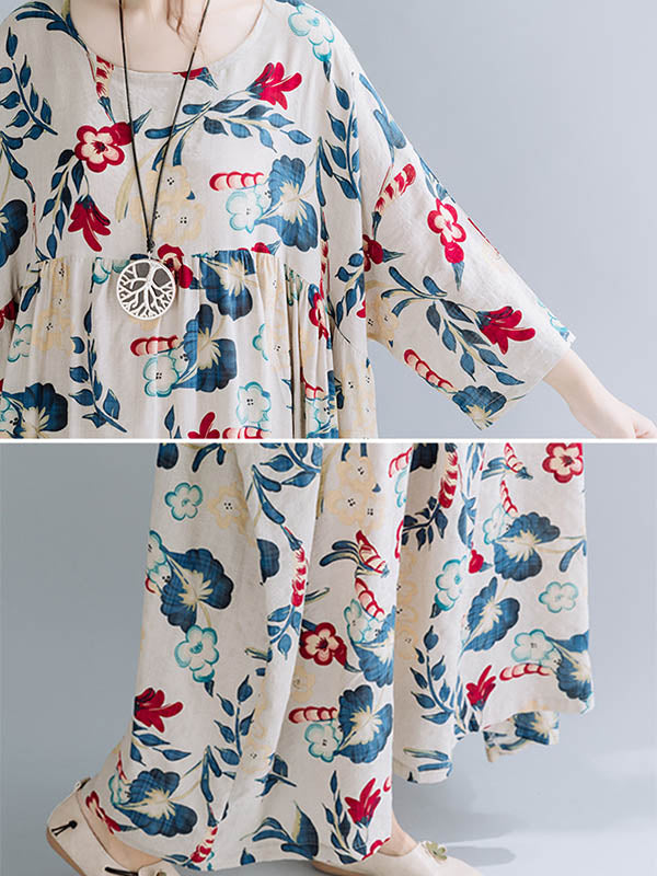 Casual Floral Printed Split-Joint Round-Neck Flared Batwing Sleeves Loose Maxi Dress