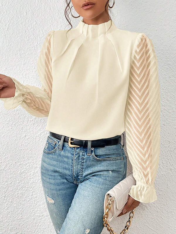 Elasticity Mesh Pleated Solid Color Long Sleeves Loose Mock Neck Blouses&Shirts Tops