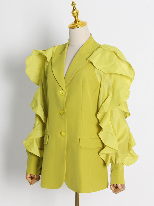 Buttoned Pockets Ruffled Split-Joint Long Sleeves Loose Notched Collar Outerwear Blazer