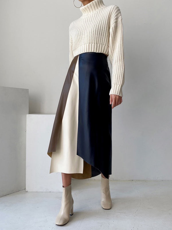 Asymmetric Contrast Color Split-Front A-Line High Waisted Skirts Bottoms