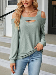Hollow Jacquard Solid Color Long Sleeves Loose U-Neck T-Shirts Tops