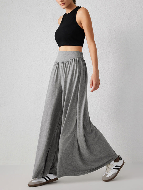 Pleated Pockets Solid Color Split-Joint High Waisted Loose Trousers Pants