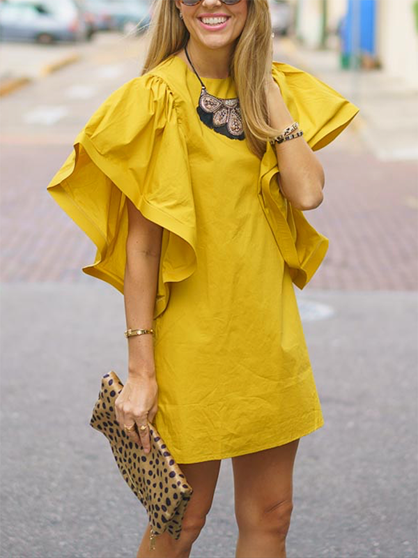 Solid Color Flying Sleeves Loose Round-Neck Mini Dresses