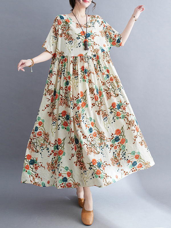 Floral Printed Loose Short Sleeves Round-neck Midi Dresses