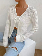 Solid Color Tied Long Sleeves Loose V-Neck Cardigan Tops