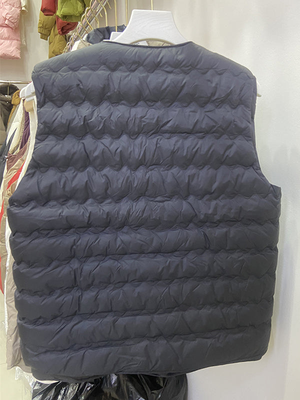 Buttoned Quilted Solid Color Loose Sleeveless Round-Neck Padded Vest