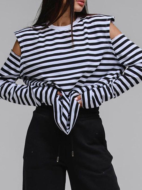 Contrast Color Hollow Striped Long Sleeves Loose Cold Shoulder T-Shirts
