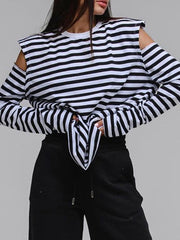 Contrast Color Hollow Striped Long Sleeves Loose Cold Shoulder T-Shirts
