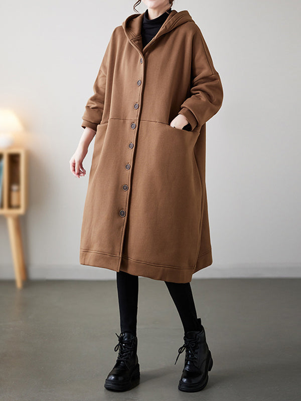 Buttoned Pockets Long Sleeves Loose Hooded Outerwear