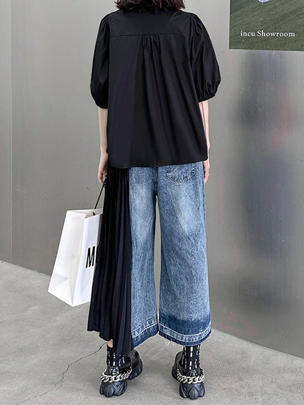 Contrast Color Pleated Split-Joint Loose Ninth Pants Jean Pants Bottoms