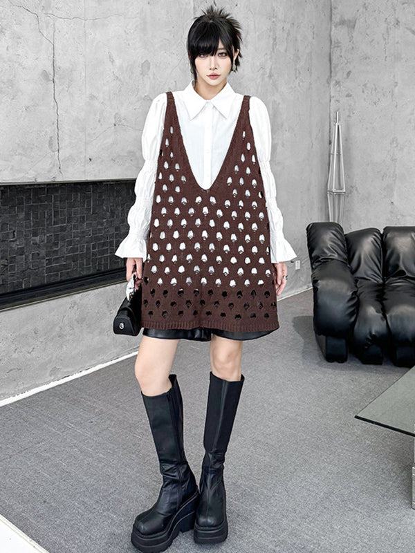 Hollow Solid Color Loose Sleeveless V-Neck Vest Top