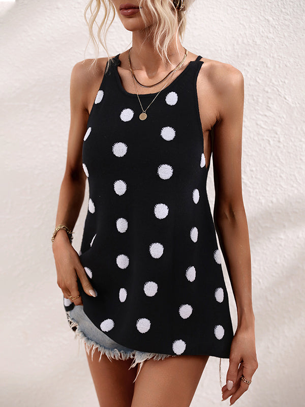 Hollow Polka-Dot High-Low Sleeveless Round-Neck Vest Top