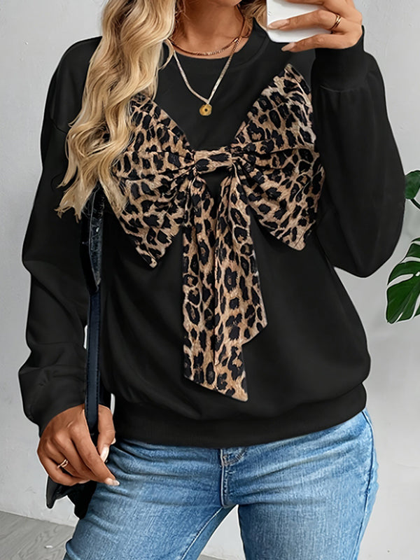 Bowknot Leopard Long Sleeves Loose Round-Neck Sweatshirt Tops